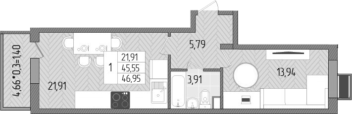 1-комн., 45.55 м², 1/8 этаж, ЖК «Сады у моря»