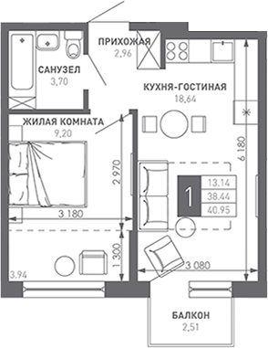 1-комн., 39.1 м², 9/9 этаж, ЖК «Иначе в Молодежном»