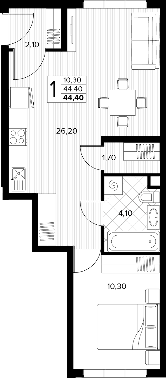 1-комн., 44.4 м², 1/8 этаж, ЖК «Кипарис»