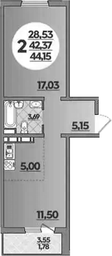 Продается 1-комн. квартира, 42.37 м²
