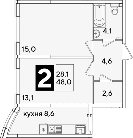2-комн., 48 м², 1/16 этаж, ЖК «Самолет»