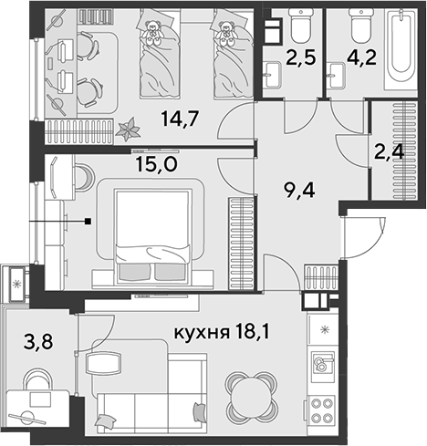 3-комн., 66.3 м², 7/9 этаж, ЖК «Парк Победы»
