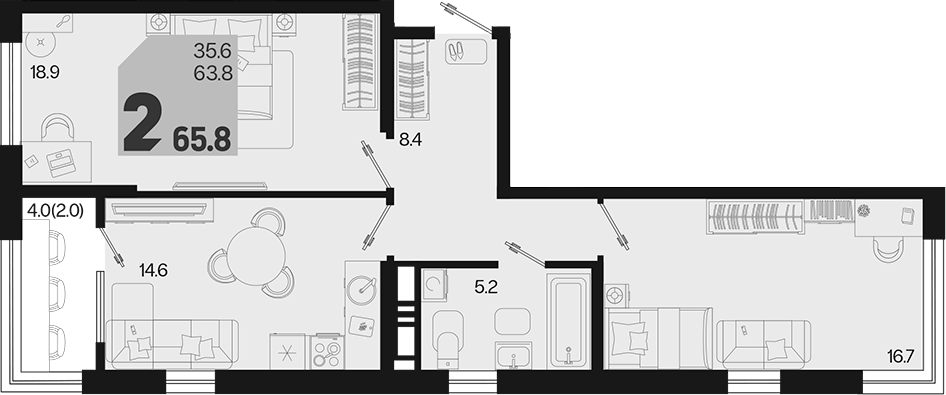 2-комн., 63.8 м², 18/18 этаж, ЖК «Первое место»