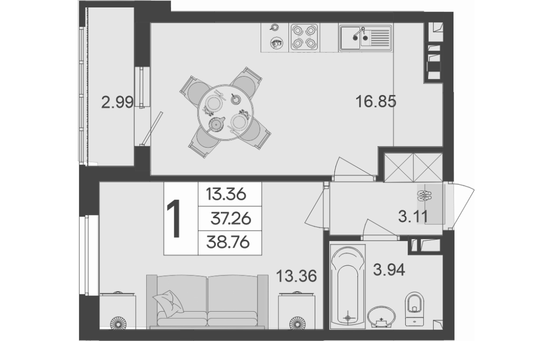 1-комн., 37.26 м², 9/9 этаж, ЖК «Дом 101»