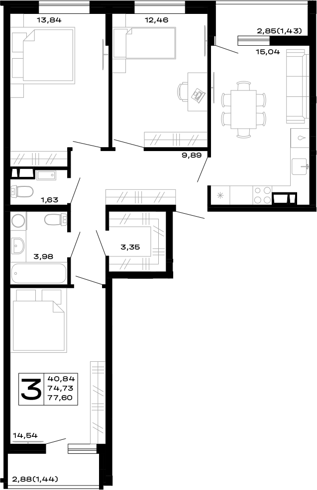 Продается 3-комн. квартира, 74.73 м²