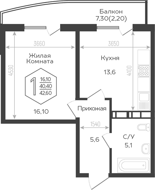 1-комн., 39.3 м², 15/21 этаж, ЖК «Гарантия PRIME»
