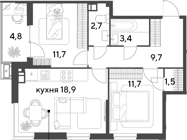 3-комн., 59.6 м², 3/18 этаж, ЖК «Парк Победы»