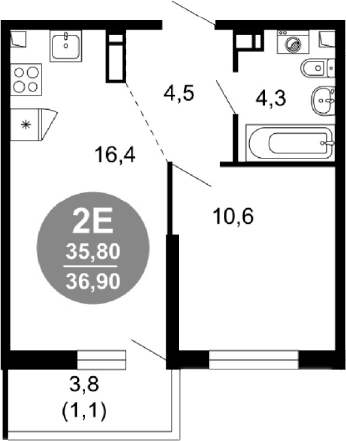 2-комн., 35.8 м², 2/17 этаж, ЖК «Лестория»