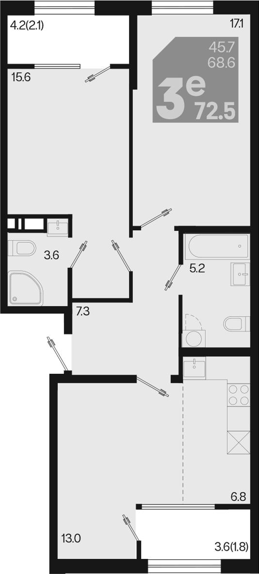 3-комн., 68.6 м², 2/9 этаж, ЖК «Первое место»