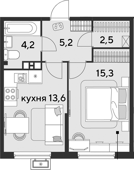 1-комн., 40.8 м², 9/9 этаж, ЖК «Парк Победы»