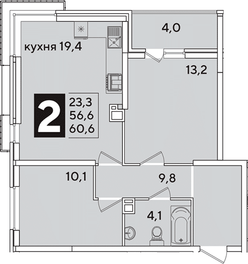 3-комн., 56.6 м², 9/16 этаж, ЖК «Самолет»