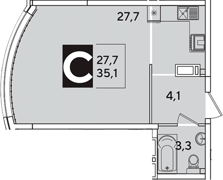 Студия, 35.1 м², 11/16 этаж, ЖК «Самолет»