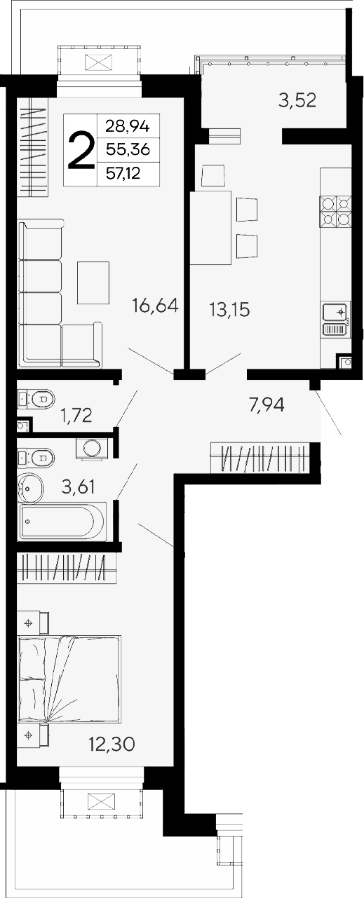 2-комн., 55.36 м², 2/16 этаж, ЖК «Эпос»