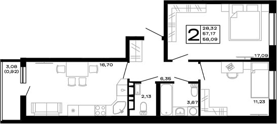 Продается 2-комн. квартира, 57.17 м²