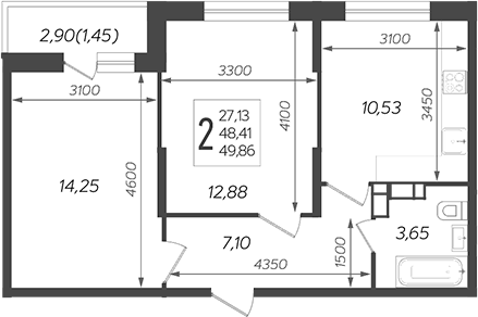 2-комн., 48.41 м², 19/19 этаж, ЖК «Смородина»