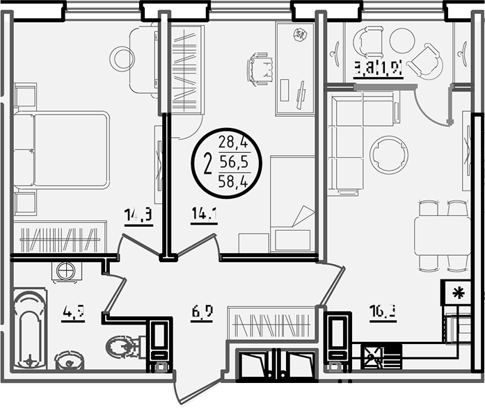 2-комн., 56.5 м², 8/18 этаж, ЖК «Первое место»