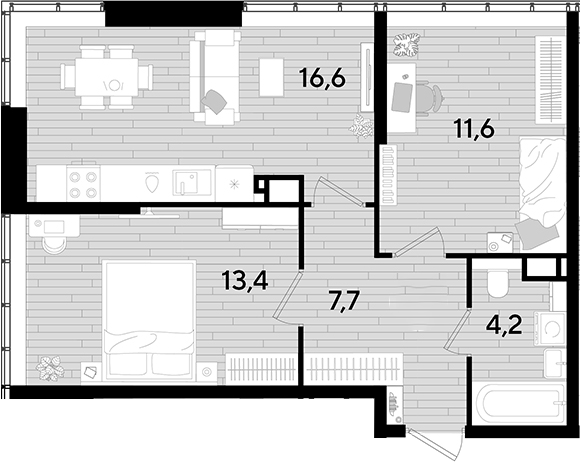 2-комн., 53.5 м², 15/16 этаж, ЖК «DОГМА ПАРК»