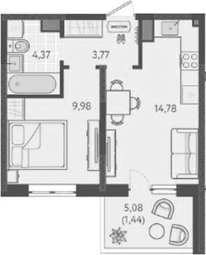 1-комн., 32.9 м², 1/9 этаж, ЖК «Теплые края»