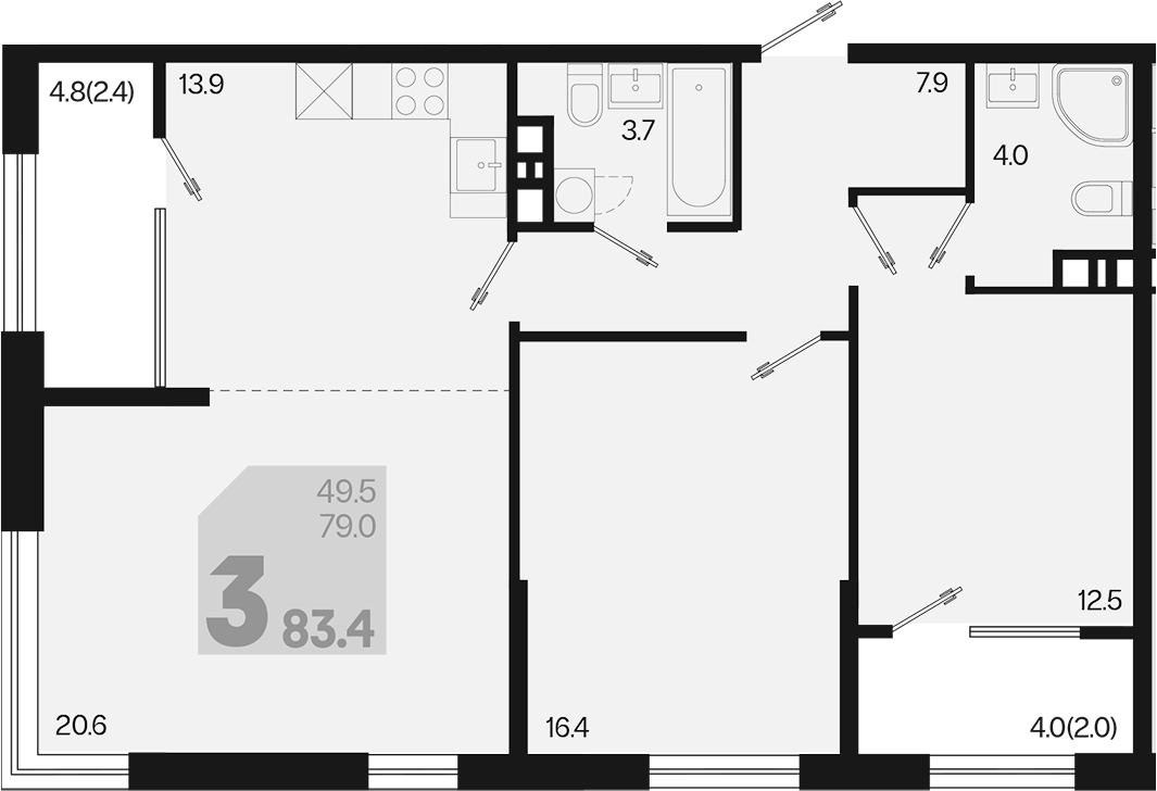 3-комн., 79 м², 9/9 этаж, ЖК «Первое место»