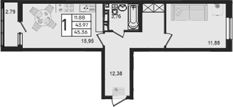 1-комн., 43.96 м², 7/9 этаж, ЖК «Дом 101»