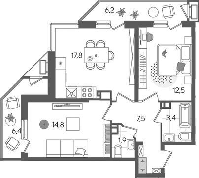 3-комн., 57.9 м², 4/24 этаж, ЖК «Рекорд»