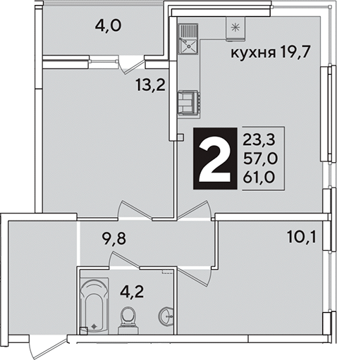 3-комн., 57 м², 1/16 этаж, ЖК «Самолет»