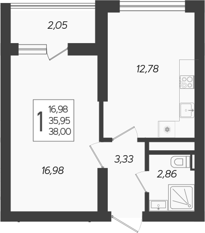 1-комн., 35.95 м², 19/19 этаж, ЖК «Кислород»