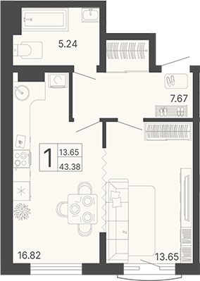 1-комн., 43.38 м², 18/19 этаж, ЖК «Светский лес»
