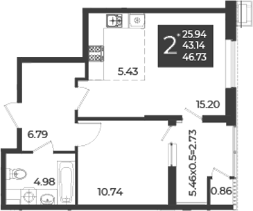 1-комн., 44 м², 3/18 этаж, ЖК «Образцово»