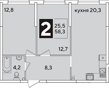 3-комн., 58.3 м², 1/16 этаж, ЖК «Самолет»