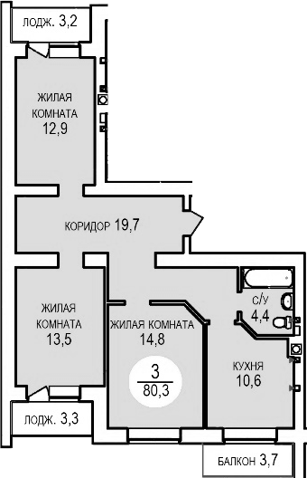 3-комн., 76.74 м², 1/5 этаж, ЖК «Кубанская усадьба. ООО СЗ Кубанская усадьба»