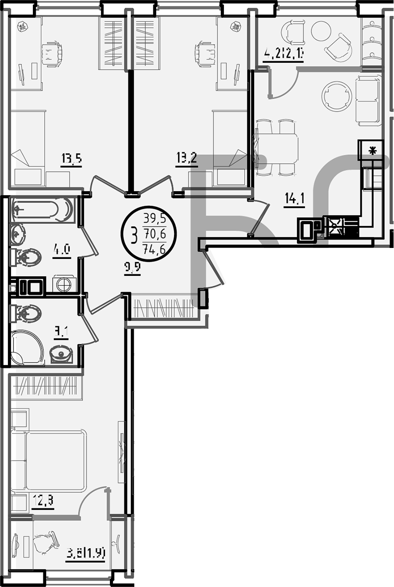 3-комн., 70.6 м², 8/9 этаж, ЖК «Первое место»