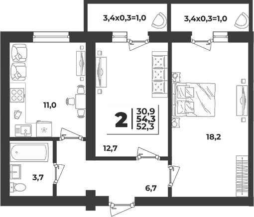 2-комн., 52.3 м², 4/5 этаж, ЖК «Дарград»