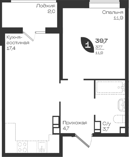 1-комн., 37.7 м², 4/18 этаж, ЖК «Ботаника»