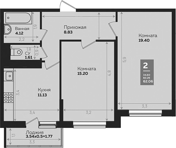 2-комн., 60.36 м², 7/24 этаж, ЖК «Левада»