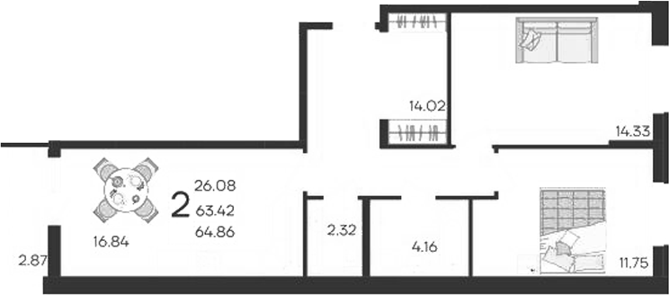 2-комн., 63.42 м², 2/9 этаж, ЖК «Дом 101»