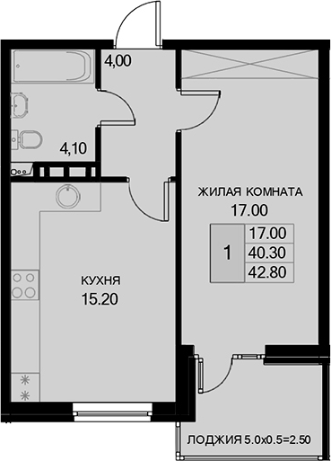 1-комн., 40.3 м², 5/7 этаж, ЖК «История»