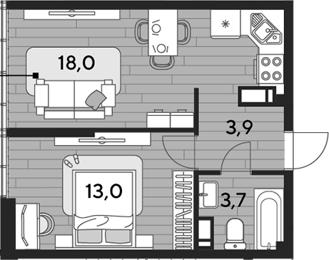 2-комн., 38.6 м², 16/16 этаж, ЖК «DОГМА ПАРК»