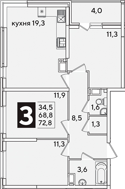 4+ комнаты, 68.8 м², 14/16 этаж, ЖК «Самолет»