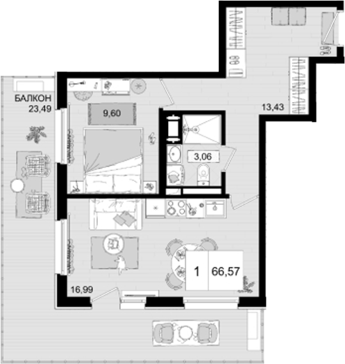 2-комн., 43.08 м², 2/8 этаж, ЖК «IT гостиничный комплекс Корсаков»