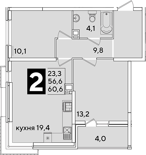 3-комн., 56.6 м², 7/16 этаж, ЖК «Самолет»