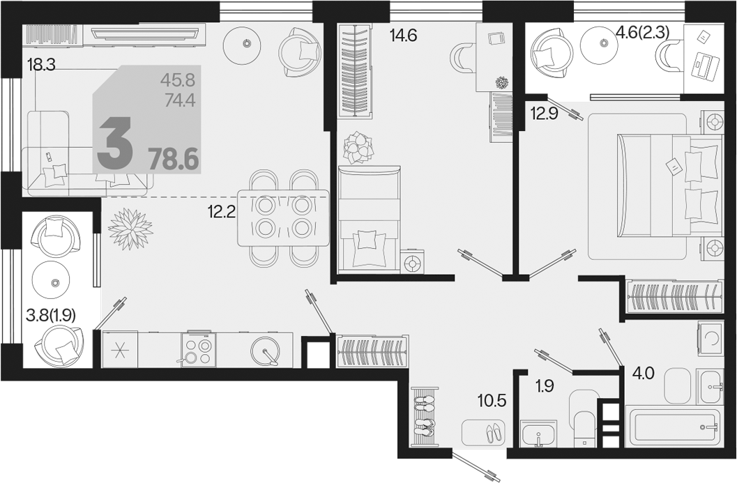 3-комн., 74.4 м², 8/9 этаж, ЖК «Первое место»
