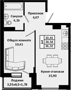 2-комн., 34.54 м², 3/4 этаж, ЖК «Южные Соседи»