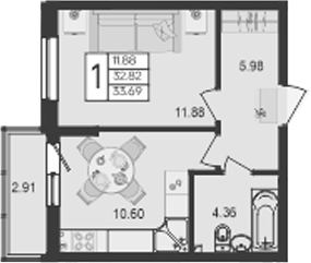 1-комн., 32.82 м², 2/9 этаж, ЖК «Дом 101»