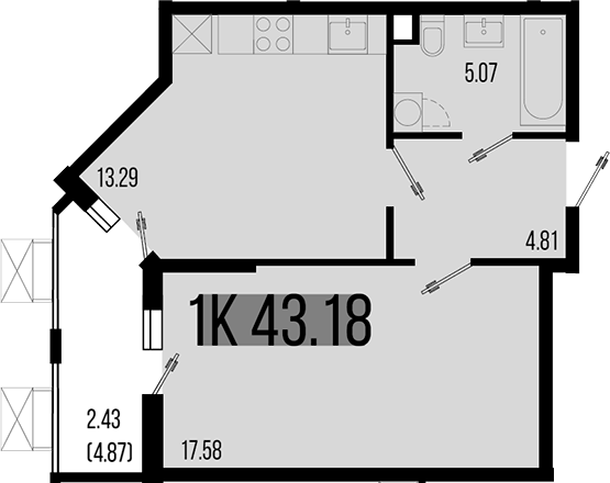 1-комн., 40.75 м², 1/8 этаж, ЖК «Цветной бульвар»