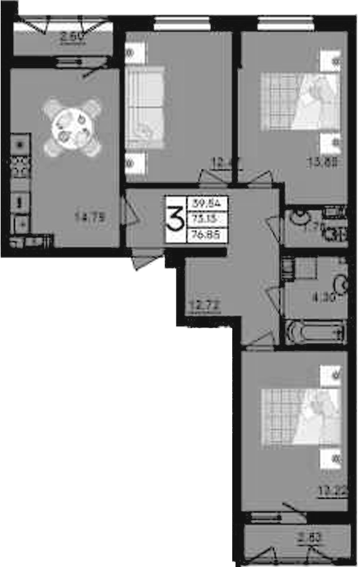 3-комн., 73.13 м², 4/9 этаж, ЖК «Дом 101»