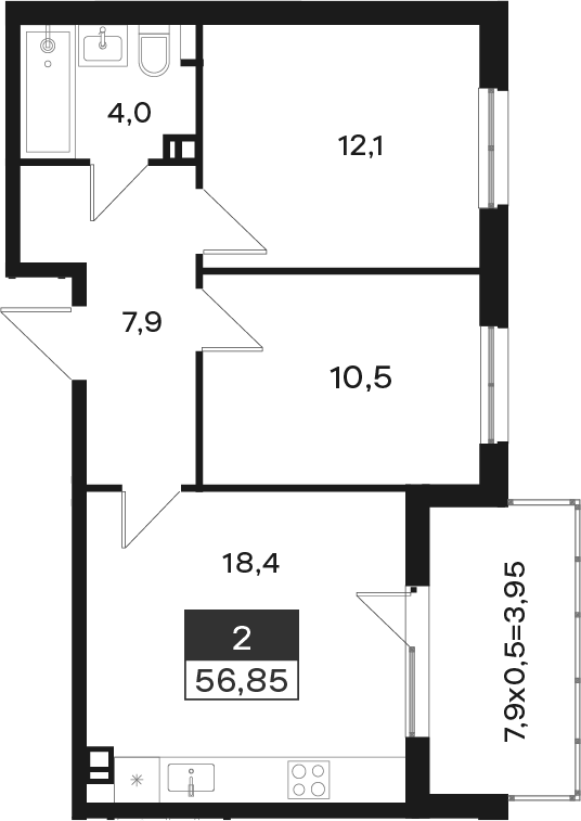 2-комн., 52.9 м², 4/4 этаж, ЖК «Новая Елизаветка»