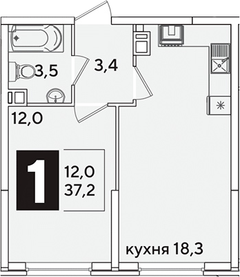 2-комн., 37.2 м², 3/16 этаж, ЖК «Самолет»