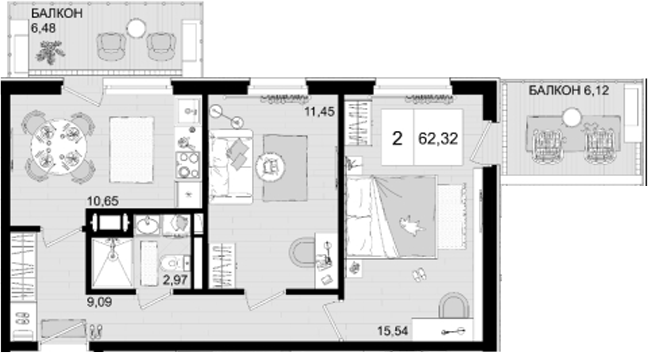 2-комн., 49.72 м², 2/8 этаж, ЖК «IT гостиничный комплекс Корсаков»