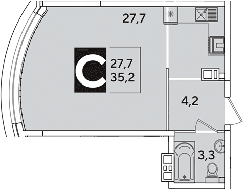 Студия, 35.2 м², 7/16 этаж, ЖК «Самолет»